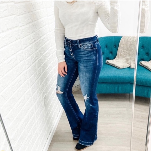 KanCan Mid Rise Distressed Flare Bootcut Jeans Dark Women’s Multi Sizes NWT - Picture 8 of 15